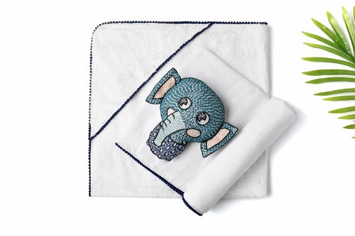 3 Pc Newborn Essential Set - Hooded Towel, Swaddle + Toy Rattle